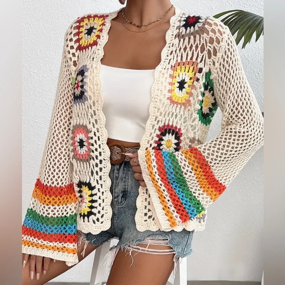 NEW| Women's Crochet Floral Pattern Long Sleeve Lightweight Knit Cadigan - Picture 3 of 8